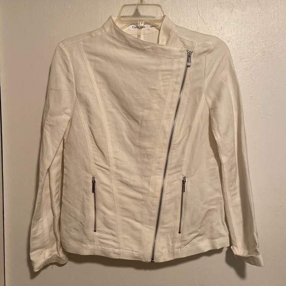 Calvin Klein Jackets & Blazers - Calvin Klein White Linen Moto Zip Jacket